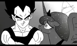 Size: 800x480 | Tagged: alicorn, arrogant, artist:yordisz, black and white, crossover, crossover shipping, derpibooru import, dragon ball z, fanfic art, grayscale, monochrome, nervous, princess luna, safe, screencap, shipping, vegeta