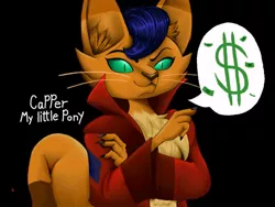 Size: 680x510 | Tagged: abyssinian, anthro, artist:zebra10045, black background, capper dapperpaws, cat, clothes, coat, derpibooru import, male, money, my little pony: the movie, safe, simple background, solo