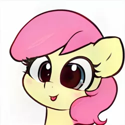 Size: 1024x1024 | Tagged: safe, artist:thisponydoesnotexist, derpibooru import, machine learning generated, oc, pony, artificial intelligence, blushing, female, filly, image, jpeg, neural network, not apple bloom, not fluttershy, simple background, solo, tongue out