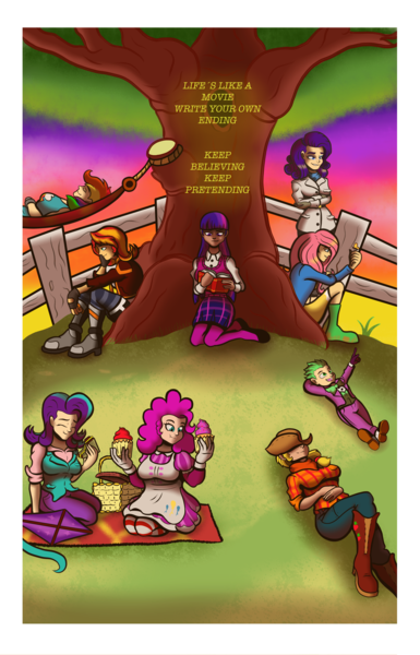 Size: 2090x3255 | Tagged: applejack, artist:theomegas2, book, derpibooru import, fence, fluttershy, hammock, human, humanized, kite, mane seven, mane six, pinkie pie, rainbow dash, rarity, relaxing, safe, spike, starlight glimmer, sunset shimmer, tree, twilight sparkle