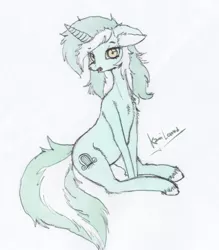 Size: 854x973 | Tagged: safe, artist:kamikazelenna, derpibooru import, lyra heartstrings, pony, unicorn, cute, female, looking at you, mare, simple background, sitting, solo, traditional art, white background