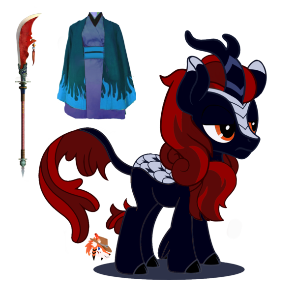 Size: 2550x2550 | Tagged: accessories, artist:firehearttheinferno, backstory in description, base used, blue coat, blue flames, clothes, cloven hooves, colored, concept for a fanfic, derpibooru import, edit, fallout, fallout equestria, fallout equestria: burdens, fantasy class, frown, guan dao, horn, kimono (clothing), kirin, leonine tail, oc, oc:fervent ash, orange eyes, red mane, safe, scales, show accurate, simple background, solo, transparent background, unofficial characters only, vector, vector edit, warrior, watermark