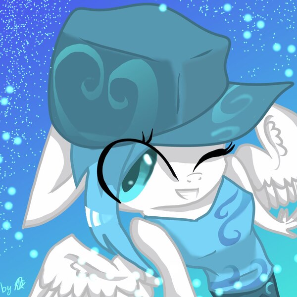 Size: 1024x1024 | Tagged: abstract background, anthro, artist:kiwwsplash, clothes, derpibooru import, female, hat, oc, one eye closed, pegasus, pegasus oc, safe, solo, unofficial characters only, wings, wink