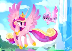 Size: 1750x1250 | Tagged: safe, artist:liquorice_sweet, derpibooru import, princess cadance, princess flurry heart, alicorn, pony, baby, baby pony, chest fluff, crown, crystal, crystal empire, cute, cutedance, female, filly, flurrybetes, flying, foal, jewelry, looking back, mare, mother and child, mother and daughter, open mouth, princess, regalia, smiling