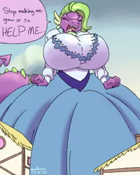 Size: 1200x1500 | Tagged: alternate hairstyle, angry, anthro, artist:goat train, barb, barbara greenscale, big breasts, breasts, building, busty barb, clothes, commission, derpibooru import, digital art, dragon, dress, eyes closed, female, giantess, growth, huge breasts, macro, ponyville, rule 63, sky, solo, solo female, speech bubble, spike, suggestive, text