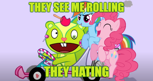 Size: 486x259 | Tagged: safe, derpibooru import, edit, edited screencap, screencap, pinkie pie, rainbow dash, beaver, earth pony, pegasus, pony, car, crossover, female, funny, happy tree friends, htf, male, mare, meme, mlp htf, nutty, they see me rollin', this will end in death, this will end in pain, this will end in tears, this will end in tears and/or death, this will not end well, vechicle