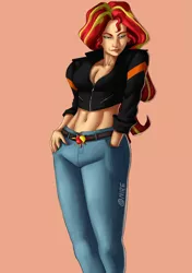 Size: 1705x2419 | Tagged: suggestive, artist:nire, derpibooru import, sunset shimmer, human, equestria girls, belly button, breasts, busty sunset shimmer, cleavage, clothes, female, jacket, jeans, leather jacket, looking down, midriff, pants, smiling, solo, wide hips