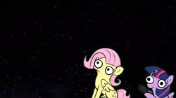 Size: 1278x718 | Tagged: safe, artist:tjpones, derpibooru import, fluttershy, twilight sparkle, twilight sparkle (alicorn), alicorn, sparkles! the wonder horse!, gun, imminent death, space, template, this will end in death, wait it's all ohio, weapon