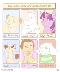 Size: 1715x2048 | Tagged: safe, artist:foxssie, derpibooru import, twilight sparkle, anthro, big cat, goat, human, lion, meowth, unicorn, six fanarts, anthro with ponies, asriel dreemurr, bust, cigarette, clothes, crossover, female, image, male, mark renton, moomins, moomintroll, nala, png, pokémon, smiling, smoking, the lion king, trainspotting, undertale, unicorn twilight