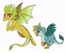 Size: 800x651 | Tagged: safe, artist:celestial-rainstorm, derpibooru import, oc, oc:cinder, oc:gavin, unofficial characters only, dragon, gryphon, offspring, parent:gabby, parent:gallus, parent:princess ember, parents:emberspike, parents:gabbus, parent:spike, simple background, white background