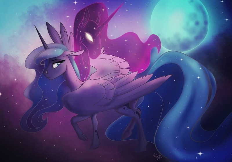 Size: 1064x744 | Tagged: safe, artist:finchina, derpibooru import, princess luna, tantabus, alicorn, pony, duality, ethereal mane, ethereal tail, female, full moon, mare, moon, nebula, stars