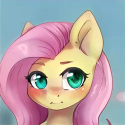 Size: 1024x1024 | Tagged: safe, artist:thisponydoesnotexist, derpibooru import, machine learning generated, pony, blue background, blushing, bust, female, image, jpeg, mare, neural network, not fluttershy, pouting, simple background, solo