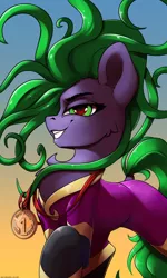 Size: 1800x3000 | Tagged: safe, artist:skitsniga, derpibooru import, mane-iac, earth pony, pony, 1st place, cute, evil grin, female, grin, hair grab, looking at you, mare, medal, raised hoof, simple background, smiling, solo