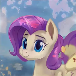 Size: 1024x1024 | Tagged: safe, artist:thisponydoesnotexist, derpibooru import, machine learning generated, earth pony, abstract background, blue eyes, cloud, image, jpeg, neural network, not rarity, purple mane, smiling, solo
