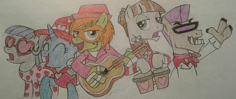 Size: 1280x538 | Tagged: safe, artist:jebens1, derpibooru import, maud pie, mudbriar, trixie, anthro, earth pony, pony, unicorn, guitar, hearts and hooves day, musical instrument, singing, song reference, teenage mutant ninja turtles