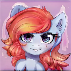 Size: 1024x1024 | Tagged: safe, artist:thisponydoesnotexist, derpibooru import, machine learning generated, oc, earth pony, pony, blue eyes, female, gray coat, image, jpeg, looking at you, mare, neural network, orange mane, simple background, solo