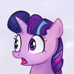 Size: 1024x1024 | Tagged: safe, artist:thisponydoesnotexist, derpibooru import, edit, machine learning generated, starlight glimmer, twilight sparkle, pony, unicorn, bust, female, image, jpeg, neural network, simple background, solo, surprised, twilight's mane, what has magic done