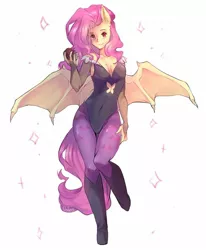 Size: 1280x1554 | Tagged: safe, artist:xvaleox, derpibooru import, fluttershy, bat pony, human, apple, bat ponified, bat wings, breasts, clothes, darkstalkers, eared humanization, female, flutterbat, food, humanized, leotard, morrigan aensland, pony coloring, race swap, solo, tailed humanization, thong leotard, winged humanization, wings