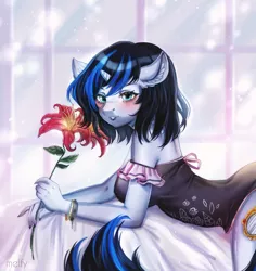 Size: 2552x2700 | Tagged: safe, artist:melfy, derpibooru import, oc, oc:mirror image, unofficial characters only, anthro, unicorn, blushing, female, flower, horn, solo