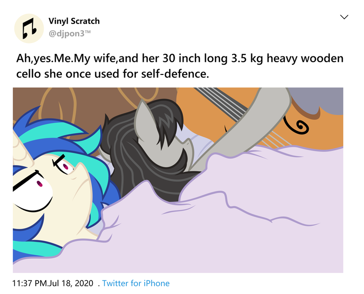 Size: 3508x2835 | Tagged: safe, artist:yaaaco, derpibooru import, octavia melody, vinyl scratch, earth pony, pony, unicorn, ah yes me my girlfriend and her x, bed, bedroom, blanket, cello, female, lesbian, mare, meme, meta, musical instrument, pillow, ponified meme, scratchtavia, selfie, shipping, twitter, unamused, vinyl is not amused