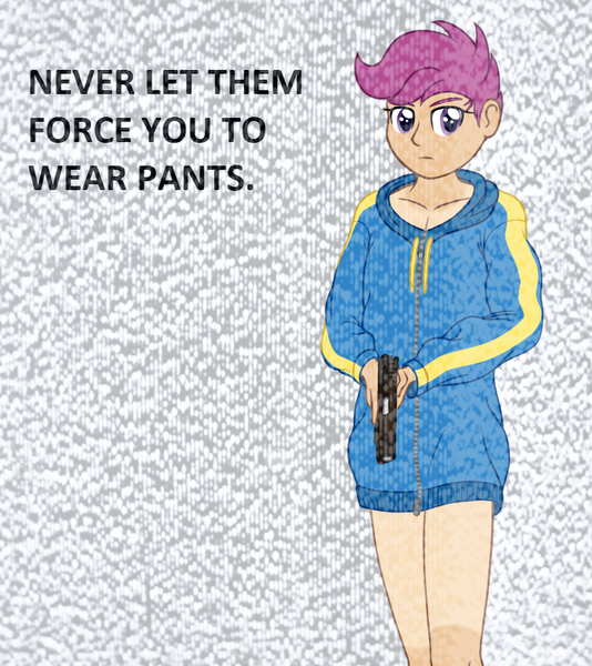 Size: 730x820 | Tagged: abstract background, aesthetic, artist:deserter, bottomless, breasts, clothes, clothing theft, context is for the weak, delicious flat chest, derpibooru import, fashwave, frown, gun, handgun, hoodie, human, humanized, implied commando, oversized clothes, partial nudity, pistol, rainbow dash's hoodie, safe, scootaloo, short hair, sideways glance, static, tan lines, trigger discipline, weapon