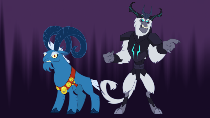 Size: 5360x3008 | Tagged: angry, antagonist, armor, artist:andoanimalia, beard, beast, claws, clenched fist, cloven hooves, collar, crown, dark background, derpibooru import, eyebrows, facial hair, fangs, goat, grogar, horns, jewelry, looking at you, male, my little pony: the movie, pointing, ram, regalia, safe, sheep, snarling, storm king, storm king's emblem, tail, yeti