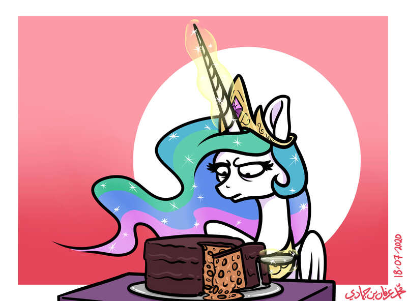 Size: 5401x4000 | Tagged: alicorn, artist:poecillia-gracilis19, baked beans, beans, cake, celestia is not amused, crown, derpibooru import, ethereal mane, everything is cake, female, food, glowing horn, horn, jewelry, knife, mare, meme, portal (valve), princess celestia, regalia, safe, the cake is a lie, this will end in farts, this will end in tears and/or a journey to the moon, unamused