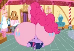 Size: 1024x709 | Tagged: suggestive, artist:rozyfly10, derpibooru import, pinkie pie, twilight sparkle, alicorn, earth pony, unicorn, ass, balloonbutt, both cutie marks, butt, butt crush, eyes closed, faceful of ass, facesitting, female, horn, horn ring, huge butt, jewelry, large butt, lesbian, magic suppression, pinkiedom, prize on the eyes, ring, shipping, sitting, sitting on, sitting on person, sitting on pony, squishy, sugarcube corner, the ass was fat, these aren't my glasses, twinkie