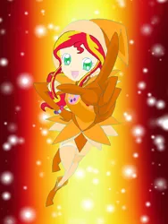 Size: 768x1024 | Tagged: safe, artist:magical-mama, artist:royaleanimequeen, derpibooru import, sunset shimmer, equestria girls, abstract background, boots, clothes, crossover, ear piercing, earring, female, gloves, gradient background, hat, high heel boots, high heels, image, jewelry, looking at you, magical doremi, ojamajo doremi, open mouth, piercing, png, shoes, smiling, solo, sparkly background, witch, witch apprentice, witch costume, witch hat, witchling