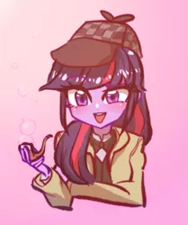 Size: 1641x1962 | Tagged: safe, artist:rileyav, derpibooru import, twilight sparkle, equestria girls, mmmystery on the friendship express, bubble, bust, deerstalker, detective, equestria girls interpretation, female, hat, looking at you, open mouth, pink background, pipe, scene interpretation, sherlock holmes, simple background, solo