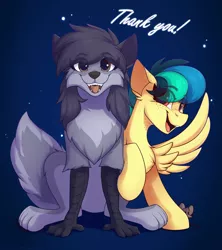 Size: 2000x2250 | Tagged: safe, artist:shadowreindeer, derpibooru import, oc, oc:apogee, oc:houston, oc:kate, unofficial characters only, mouse, original species, pegasus, pony, chest fluff, enfield, eye clipping through hair, female, filly, furry, gift art, looking at you, present, sitting, smiling, spread wings, wings