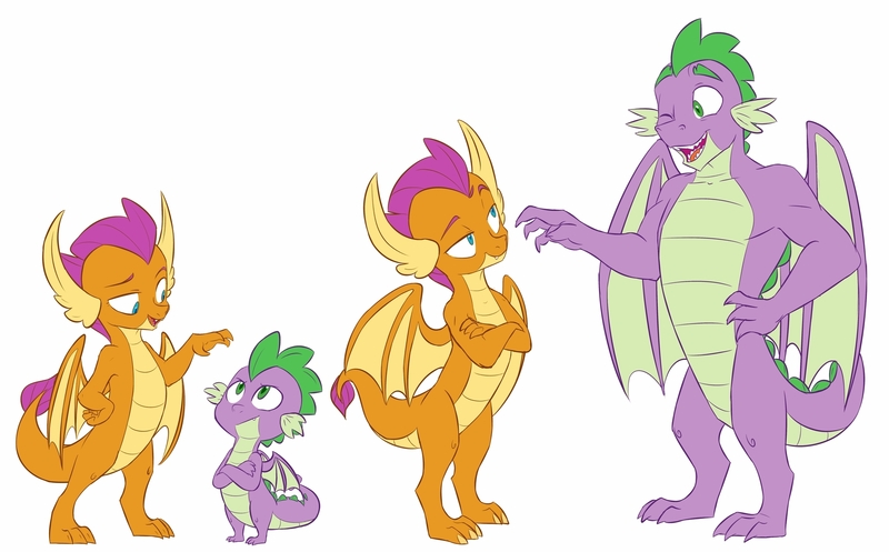 Size: 1920x1192 | Tagged: :/, artist:chub-wub, crossed arms, derpibooru import, dragon, dragoness, drake, fangs, female, growth spurt, height difference, implied spolder, older, older smolder, older spike, one eye closed, safe, simple background, smolder, spike, white background, winged spike, wink