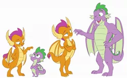 Size: 1920x1192 | Tagged: :/, artist:chub-wub, crossed arms, derpibooru import, dragon, dragoness, drake, fangs, female, growth spurt, height difference, implied spolder, older, older smolder, older spike, one eye closed, safe, simple background, smolder, spike, white background, winged spike, wink