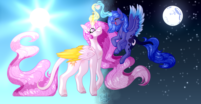 Size: 5980x3108 | Tagged: alicorn, artist:nexywhite, colored wings, colored wingtips, day, derpibooru import, eyes closed, female, filly, flying, glowing horn, happy, heart, horn, leonine tail, mare, moon, night, pink-mane celestia, princess celestia, princess luna, royal sisters, safe, signature, smiling, stars, sun, wings, woona, younger