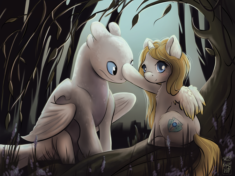 Size: 4000x3000 | Tagged: safe, artist:kchche, derpibooru import, oc, oc:sweetie shy, alicorn, dragon, light fury, pony, chat, chatting, crossover, cute, friend, friendship, how to train your dragon, kindness, scenery, smiling, wood