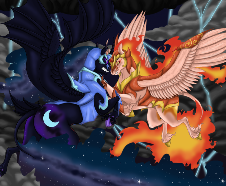 Size: 2220x1824 | Tagged: alicorn, armor, a royal problem, artist:empressspacegoat, bat wings, cloud, cloven hooves, daybreaker, derpibooru import, duo, ethereal mane, female, fight, flying, hybrid wings, leonine tail, lightning, mane of fire, night, nightmare moon, safe, scowl, sharp teeth, siblings, sisters, sky, spread wings, starry mane, stars, storm, teeth, unshorn fetlocks, wings