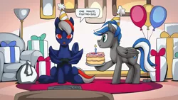 Size: 2560x1440 | Tagged: safe, artist:mysticalpha, derpibooru import, oc, oc:cloud zapper, unofficial characters only, pegasus, pony, balloon, birthday, birthday gift, cake, exploitable meme, food, male, meme, present, stallion, text