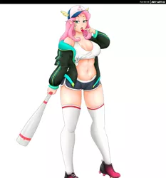 Size: 4900x5250 | Tagged: suggestive, artist:inkystylus12, artist:tonystorm12, derpibooru import, fluttershy, bat pony, human, absurd resolution, bandage, baseball bat, baseball cap, breasts, busty fluttershy, candy, cap, cleats, cleavage, clothes, commission, cutie mark, cutie mark on clothes, female, flutterbat, food, front knot midriff, hat, humanized, lollipop, midriff, patreon, race swap, shorts, simple background, socks, softball, solo, solo female, stockings, thigh highs, white background