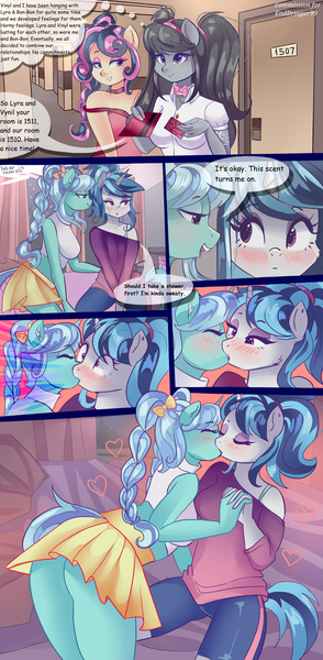 Size: 3000x6132 | Tagged: suggestive, artist:xjenn9, derpibooru import, bon bon, lyra heartstrings, octavia melody, sweetie drops, vinyl scratch, anthro, comic:volb, alternate hairstyle, bedroom eyes, blushing, bra, bra strap, braided pigtails, braided ponytail, breasts, clothes, comic, commissioner:endbringer99, eyes closed, female, french kiss, heartscratch, holding hands, image, kissing, lesbian, lidded eyes, looking at each other, looking away, midriff, pigtails, png, shipping, skirt, surprise kiss, swingers, twintails, underwear, upskirt