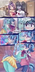 Size: 3000x6132 | Tagged: suggestive, artist:xjenn9, derpibooru import, bon bon, lyra heartstrings, octavia melody, sweetie drops, vinyl scratch, anthro, comic:volb, alternate hairstyle, bedroom eyes, blushing, bra, bra strap, braided pigtails, braided ponytail, breasts, clothes, comic, commissioner:endbringer99, eyes closed, female, french kiss, heartscratch, holding hands, image, kissing, lesbian, lidded eyes, looking at each other, looking away, midriff, pigtails, png, shipping, skirt, surprise kiss, swingers, twintails, underwear, upskirt