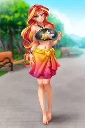 Size: 3333x5000 | Tagged: safe, artist:racoonsan, derpibooru import, sunset shimmer, equestria girls, anime, barefoot, barefooting, beautiful, beautisexy, bedroom eyes, belly button, big breasts, bikini, black swimsuit, breasts, busty sunset shimmer, clothes, commission, cutie mark swimsuit, eyeshadow, feet, female, human coloration, jeweled swimsuit, looking at you, makeup, sarong, sexy, shirt, skirt, stupid sexy sunset shimmer, summer sunset, swimsuit