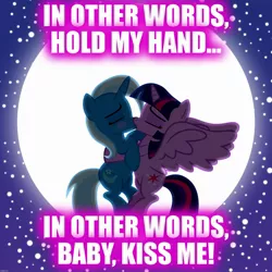 Size: 2000x2000 | Tagged: alicorn, artist:navitaserussirus, derpibooru import, edit, female, fly me to the moon, frank sinatra, kissing, lesbian, moon, safe, shipping, song reference, trixie, twilight sparkle, twilight sparkle (alicorn), twixie