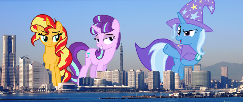 Size: 4000x1679 | Tagged: safe, artist:8-notes, artist:cloudyglow, artist:starlessnight22, artist:theotterpony, derpibooru import, edit, vector edit, starlight glimmer, sunset shimmer, trixie, pony, unicorn, female, giant pony, giant starlight glimmer, giant trixie, giant unicorn, giant/macro sunset shimmer, highrise ponies, image, jpeg, macro, mare, mega shimmer, mega trixie, trio, vector