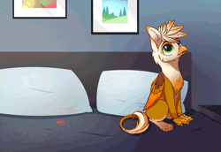 Size: 1743x1200 | Tagged: safe, artist:28gooddays, derpibooru import, oc, oc:ember burd, unofficial characters only, gryphon, animated, bed, catbird, colored wings, commission, eared griffon, gif, gradient wings, griffon oc, griffons doing cat things, laser pointer, male, multicolored wings, on bed, paw prints, solo, wings, ych result, younger