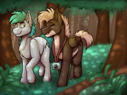 Size: 1366x1024 | Tagged: safe, artist:sursiq, derpibooru import, oc, oc:moose tracks, earth pony, pegasus, pony, blue, brown, camera, closed mouth, commission, cute, dappled sunlight, eyes closed, full body, oc x oc, open mouth, scenery, shipping, walking, wholesome, yellow eyes