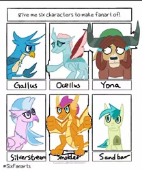 Size: 1080x1295 | Tagged: safe, artist:gallus_young6, derpibooru import, gallus, ocellus, sandbar, silverstream, smolder, yona, changedling, changeling, classical hippogriff, dragon, earth pony, gryphon, hippogriff, pony, yak, six fanarts, bust, dragoness, female, jewelry, male, necklace, student six, wide eyes