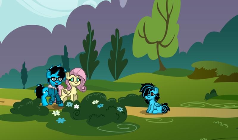 Size: 1700x1000 | Tagged: safe, artist:band sickle, deleted from derpibooru, derpibooru import, fluttershy, oc, oc:bandwidth, oc:blue tee, pegasus, pony, pony town, backdrop, canon x oc, female, filly, forest, male, mare, parent, pony town sprite, scenery, sitting, stallion, trail, trotting, walking