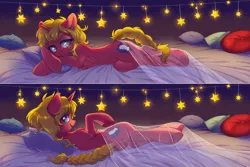 Size: 4000x2666 | Tagged: suggestive, artist:lightning-stars, derpibooru import, oc, oc:steel prism, unofficial characters only, pony, unicorn, bed, female, females only, rule 63, scar, solo