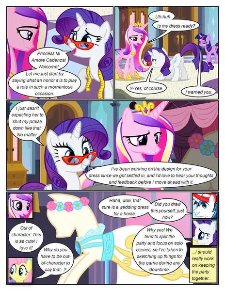 Size: 612x792 | Tagged: safe, artist:newbiespud, derpibooru import, edit, edited screencap, screencap, fluttershy, princess cadance, rarity, shining armor, twilight sparkle, alicorn, pegasus, pony, unicorn, comic:friendship is dragons, a canterlot wedding, baseball cap, bowing, bust, cap, clothes, comic, dialogue, dress, eyelashes, female, floral head wreath, flower, glasses, hat, hoof shoes, jewelry, male, mannequin, mare, measuring tape, open mouth, raised hoof, screencap comic, stallion, tiara, unicorn twilight