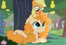 Size: 6299x4331 | Tagged: safe, artist:mrkat7214, derpibooru import, applejack, pear butter, earth pony, pony, absurd resolution, apple, apple tree, cute, duo, female, filly, filly applejack, food, jackabetes, looking at each other, mother and child, mother and daughter, pear, pear tree, pearabetes, prone, show accurate, sitting on head, tree, vector, younger
